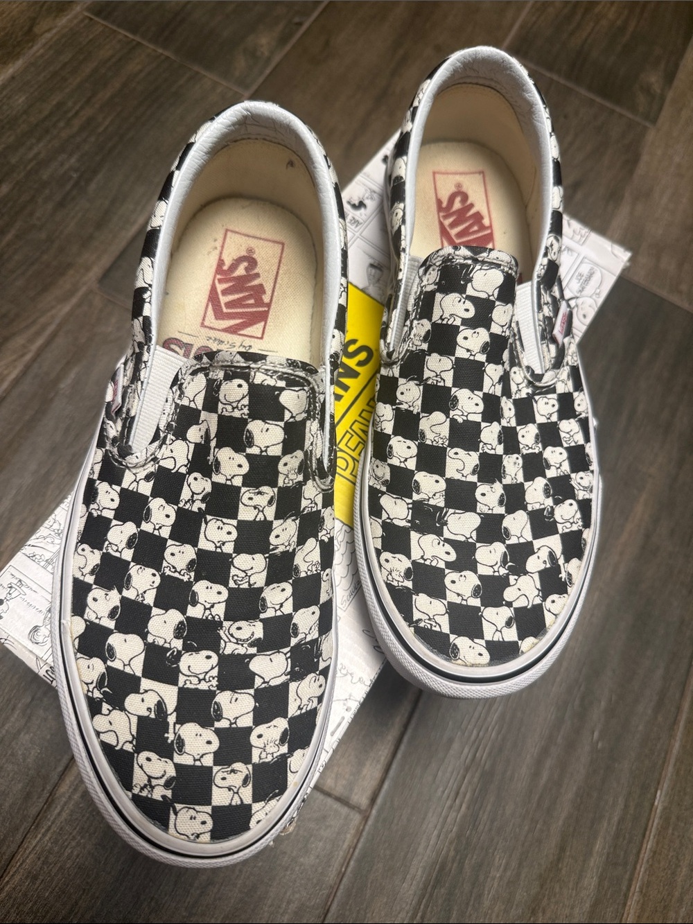 Vans Men’s  Black & White Checkerboard Slip-On Sneakers with Snoopy